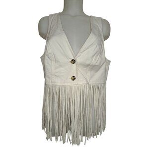 Boho Fringe Vest Momens OX Beige Cream Button Front Western Festival Top